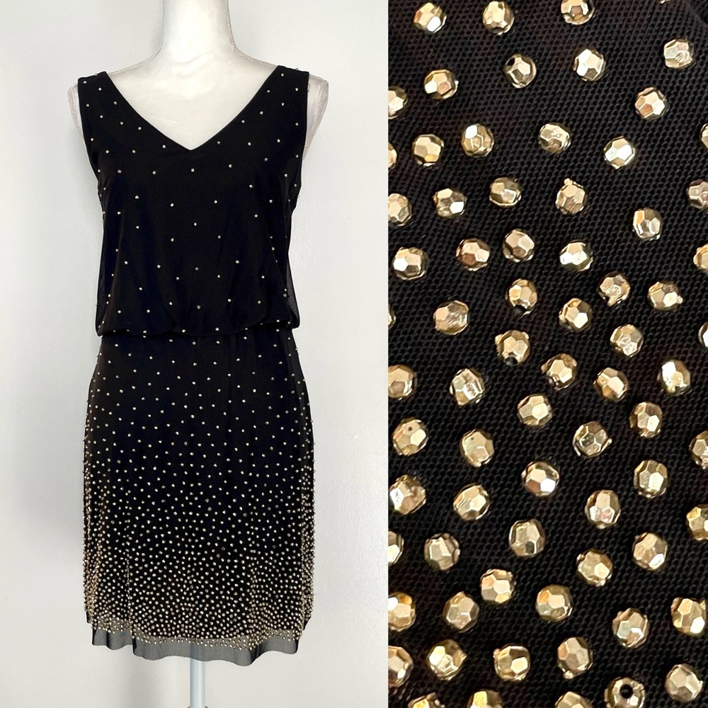XSCAPE Black Short Dress With Gold Ombre Beading, Size 4